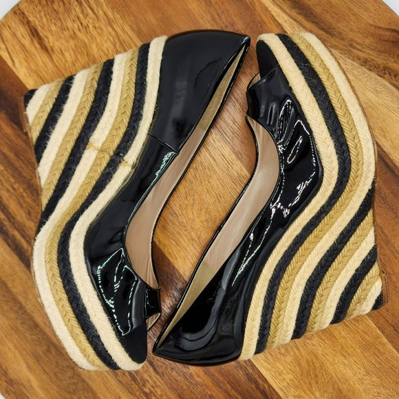 Brian Atwood Wedges Heels 40 Black Tan Cream Patent Leather Peep Toe Espadrilles - Picture 8 of 13